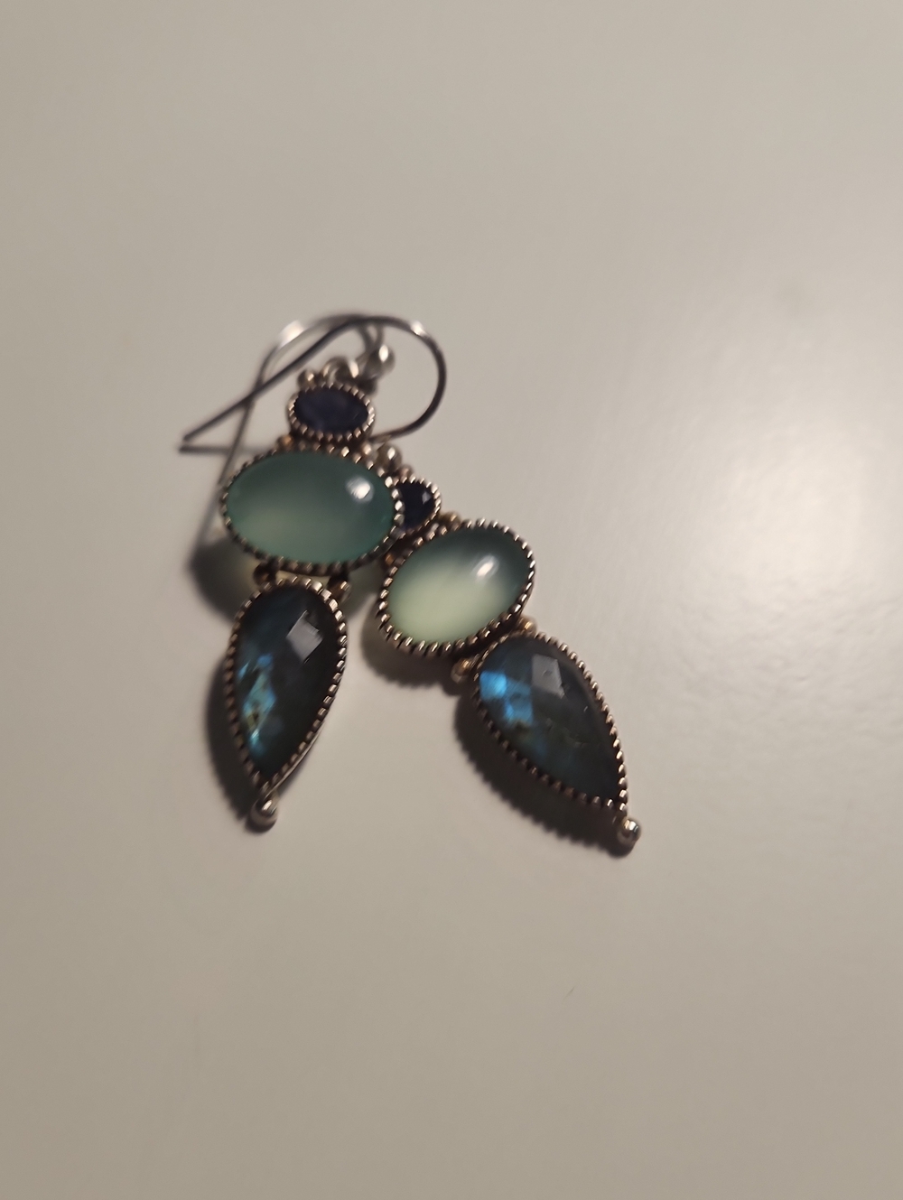 Elegant Green and Blue Drop Earrings with Sterling Silver Detail drop 3.5cm
